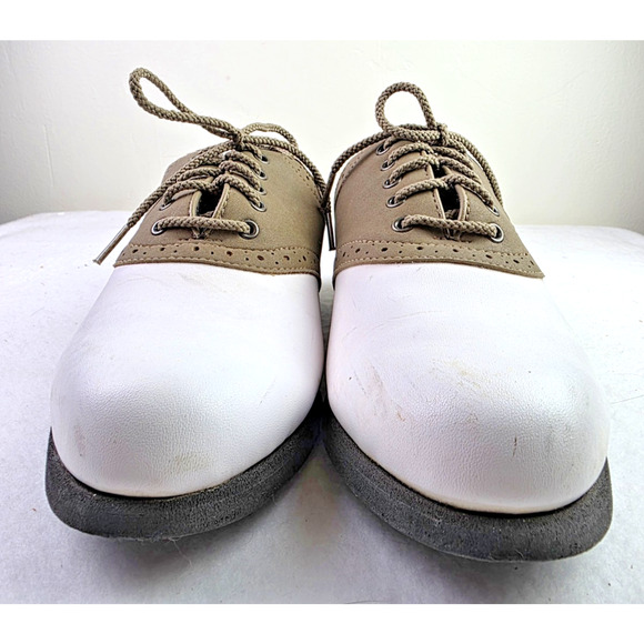 Foot Joy Green Joys Golf Lace Up Shoes White w/ Tan Oxford Saddle 48802 Sz 7.5 M - Picture 2 of 8
